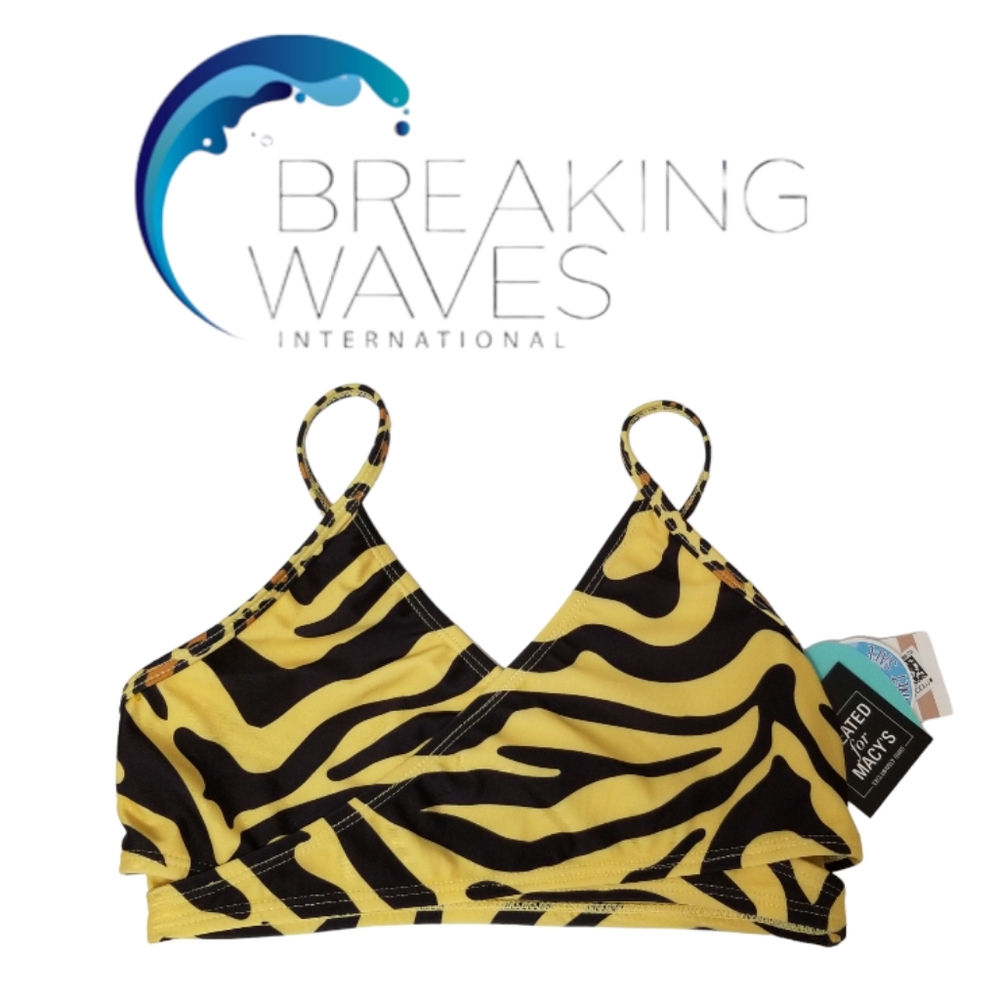 Breaking Waves Girl's Crossover Bikini Top Black & Yellow Safari Print Sz 12 NWT